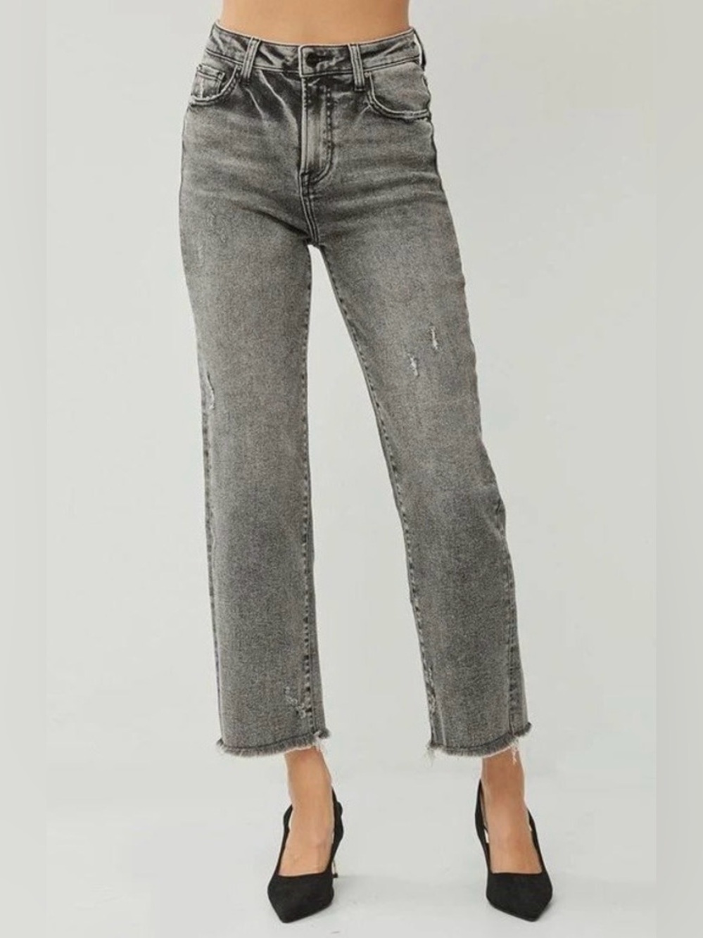 Risen Jeans Millie High Rise Straight Crop Jeans Black Acid Wash Stretch Size 11